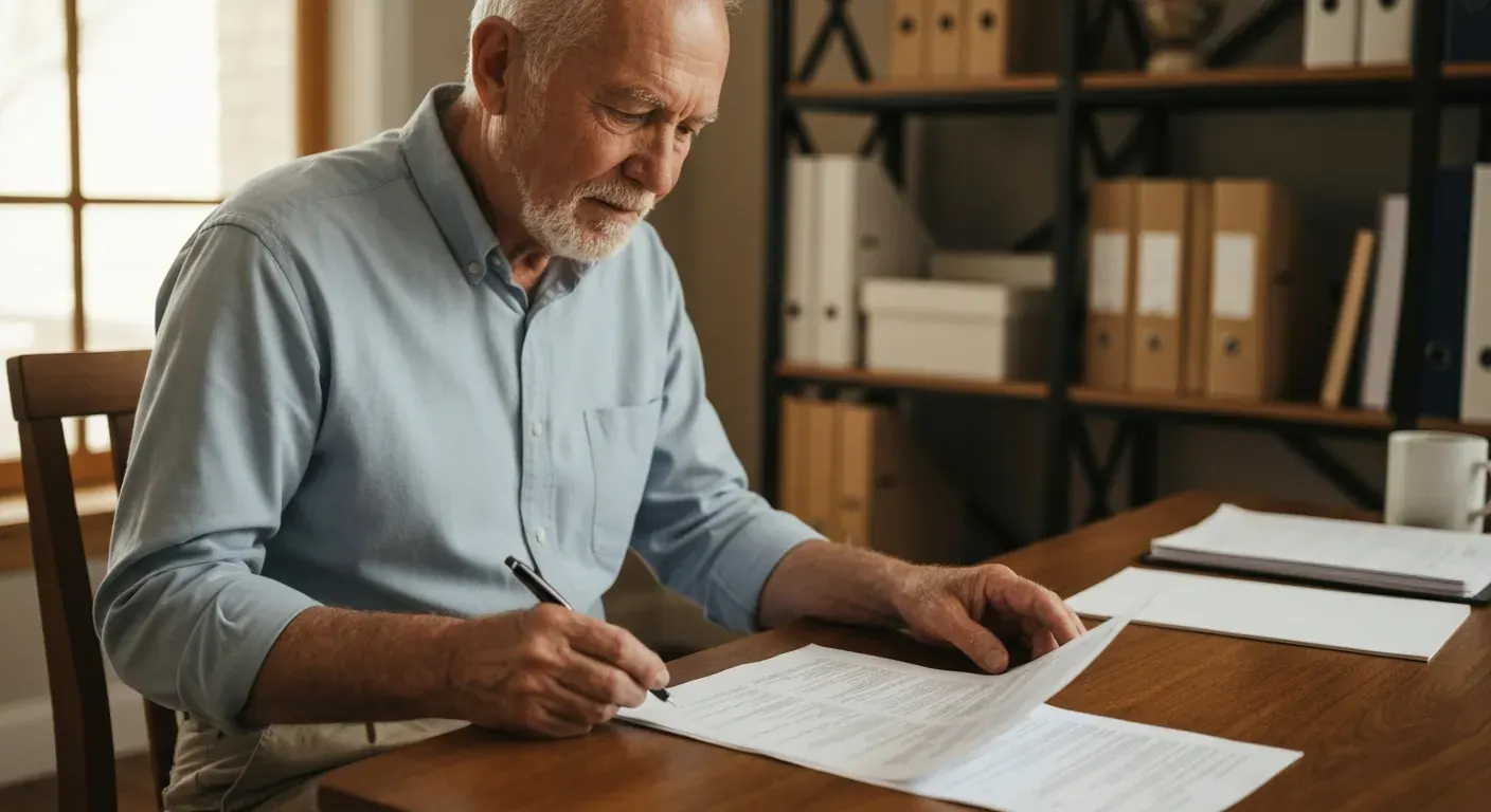 Older veteran reviewing VGLI documents and premiums, managing life insurance costs.