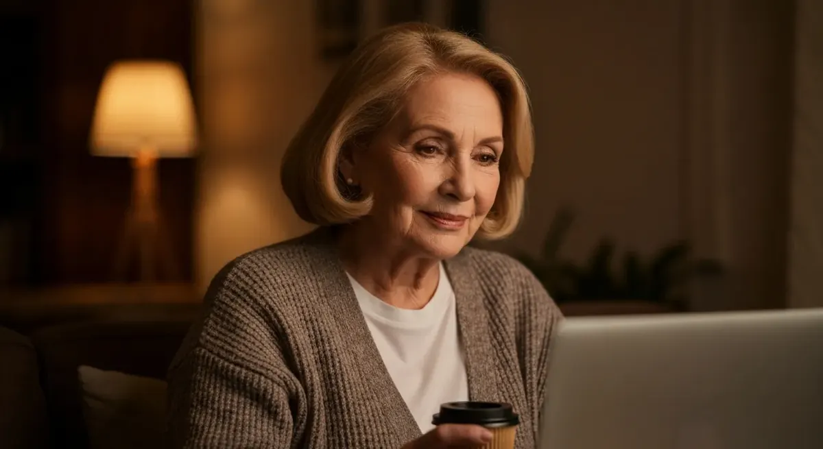 Mature woman reviewing term life insurance options on laptop, considering living benefits and conversion options.