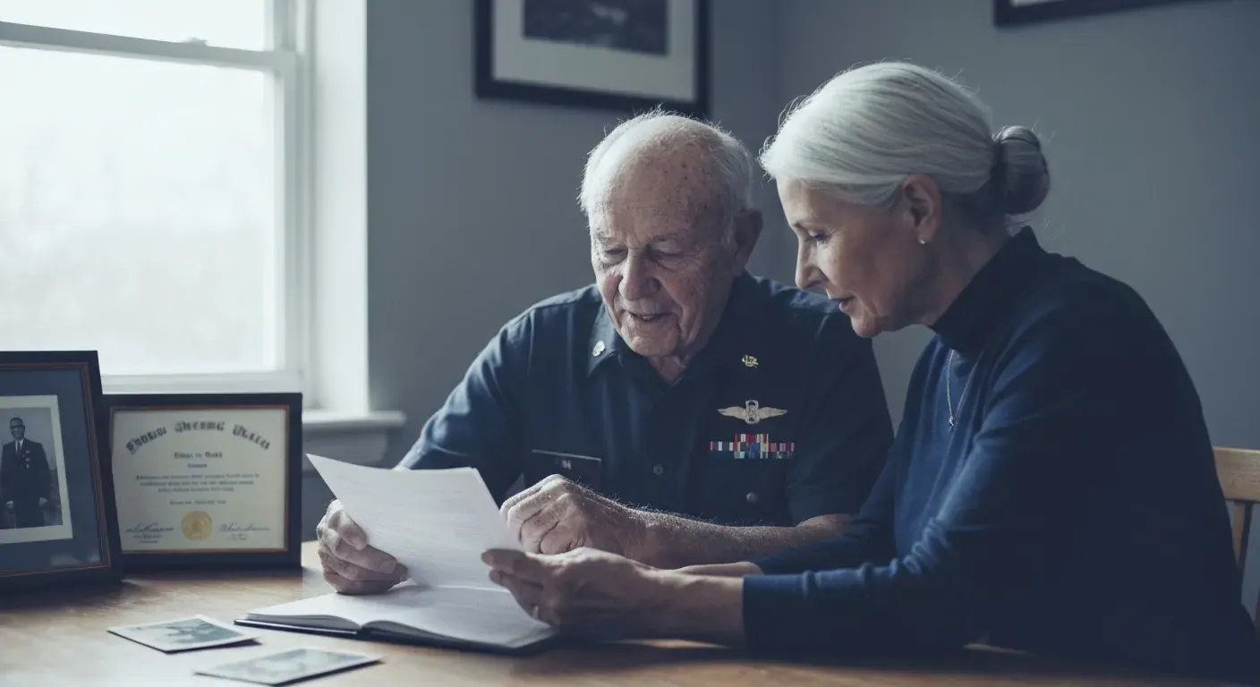 Elderly veteran and woman reviewing VALife insurance documents and military service record.
