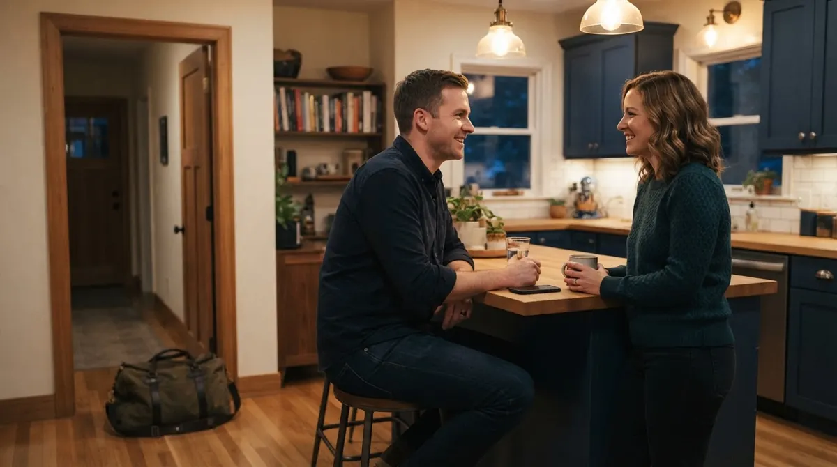 Man in his 30s and his wife talking at a kitchen counter in the evening, a duffel bag by the door.