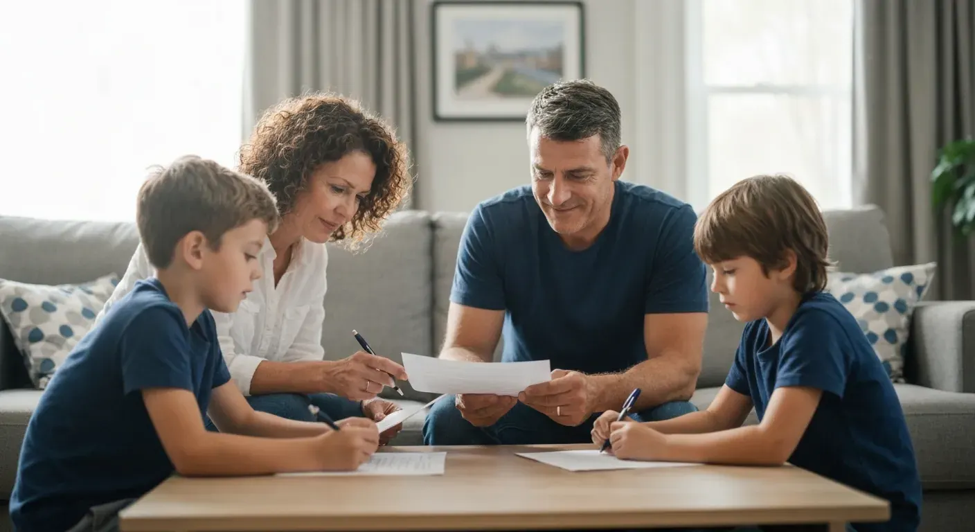 Veteran family reviewing life insurance documents and timelines.