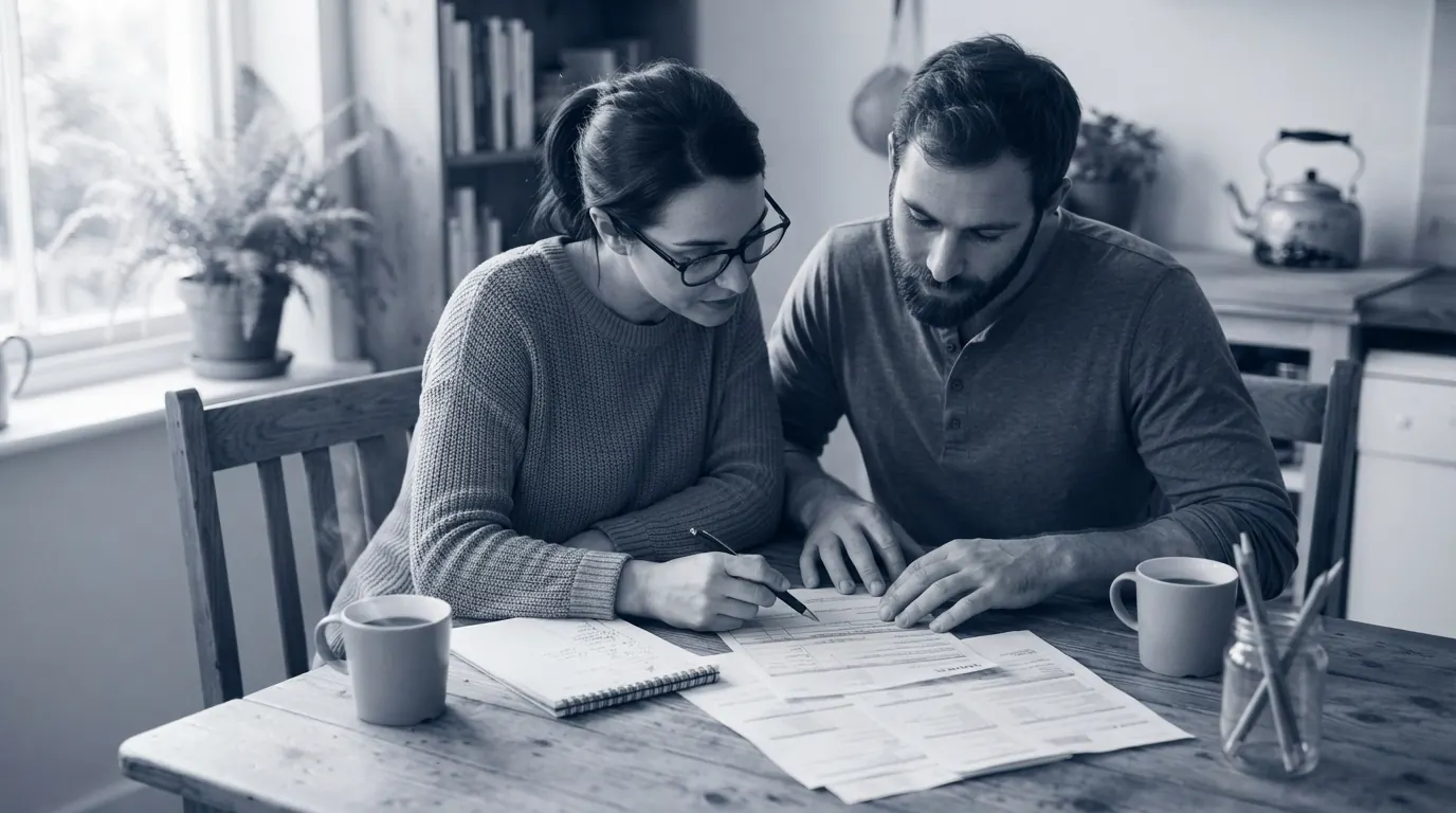 Man and woman in their 30s at a kitchen table in morning light, a notepad and coffee between them.