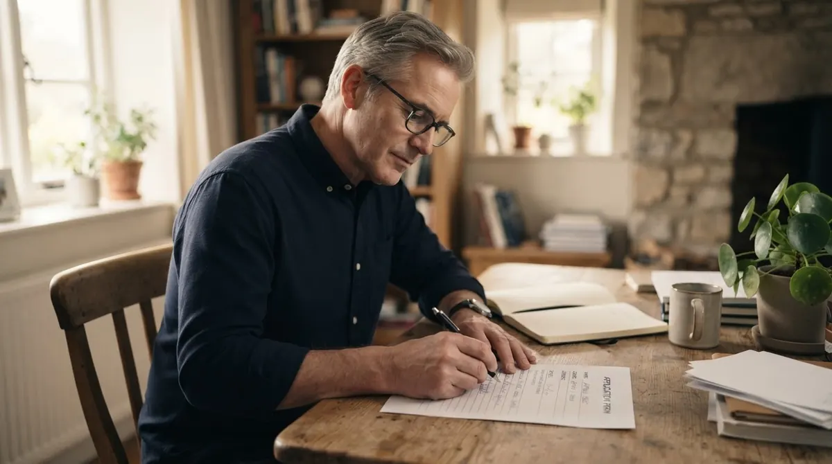 Man in his 50s at a home desk filling out a form with a pen, unhurried and deliberate.