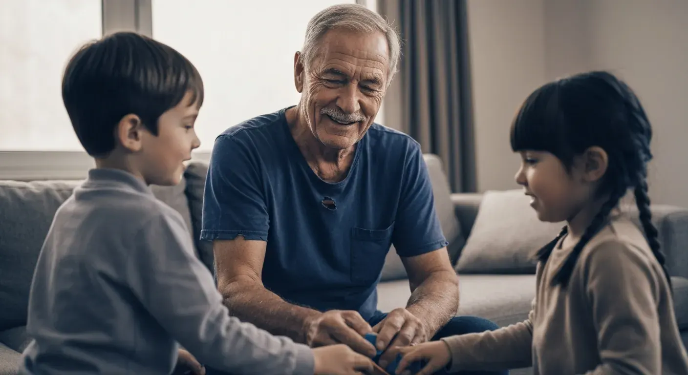 Grandfather smiling with grandchildren, illustrating family protection and life insurance riders for veterans.