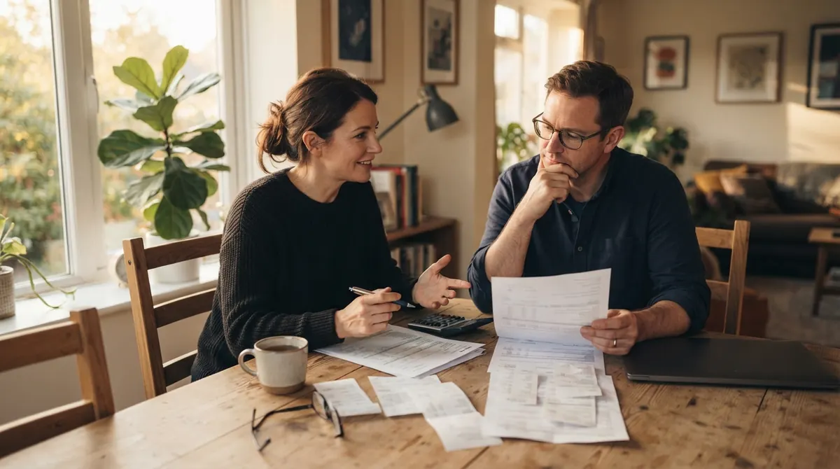 Couple in their 40s reviewing paperwork together at a dining table in the late afternoon.