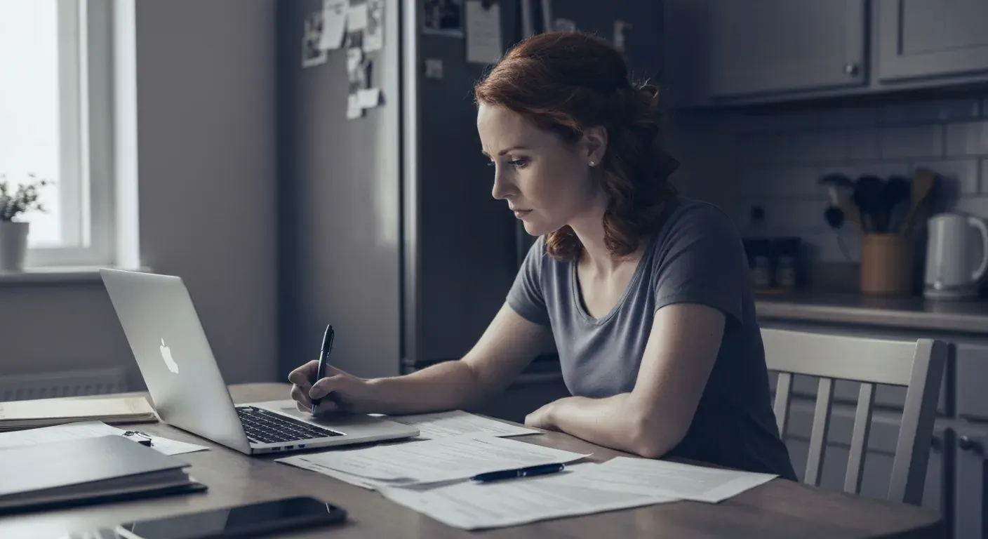 Woman using laptop and reviewing documents, illustrating life insurance options for military spouses.