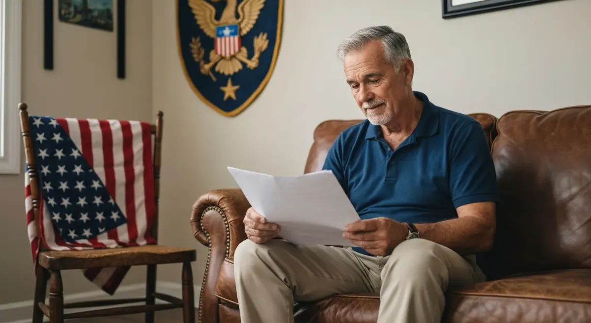Veteran reviewing life insurance policy documents at home, American flag and military emblem visible.