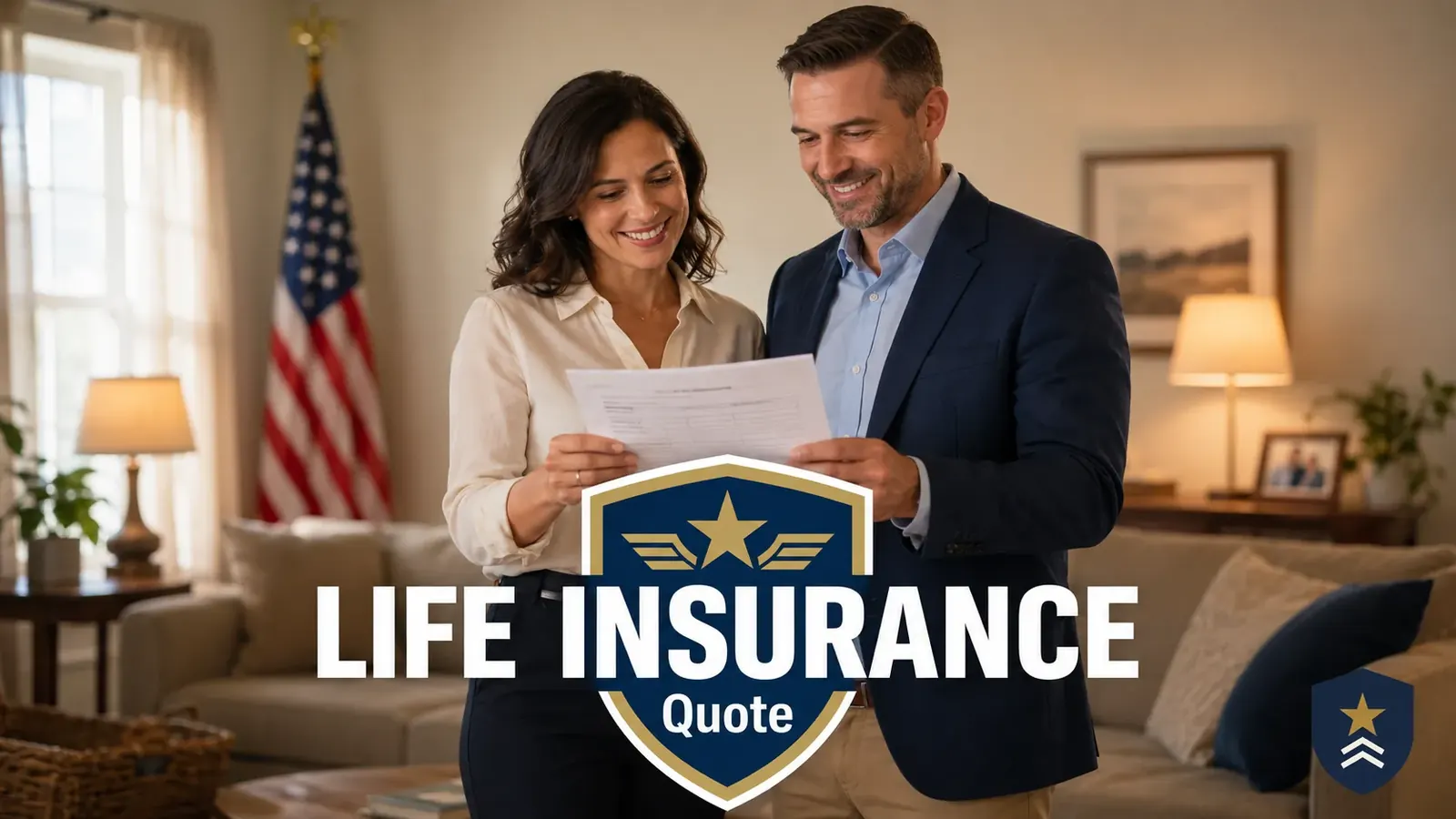 Veteran couple reviewing life insurance quote, American flag in background.