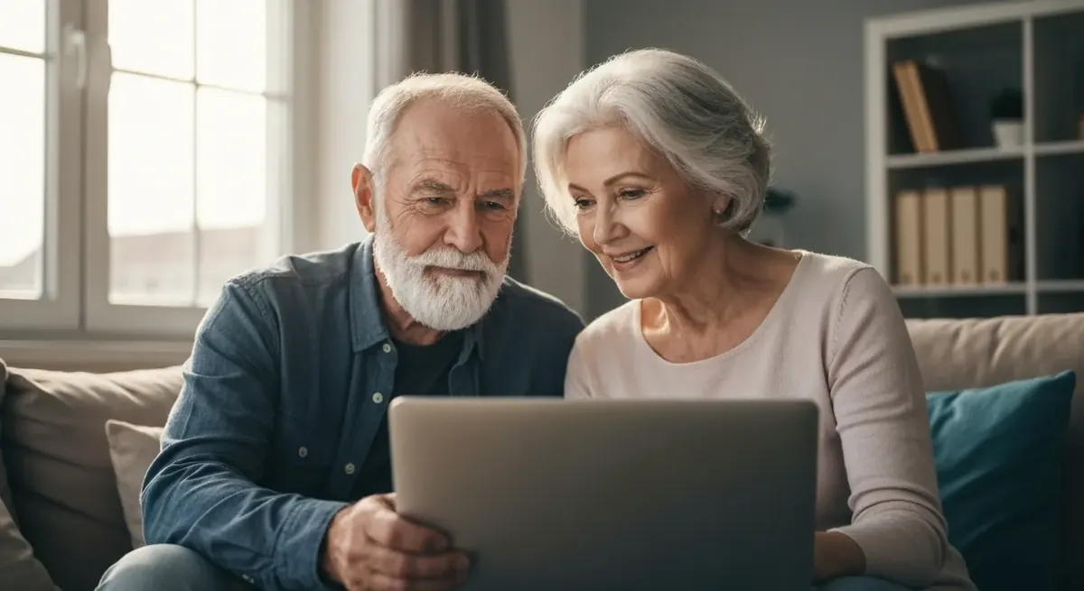Older couple reviewing life insurance options on a laptop, planning for reduced coverage needs.