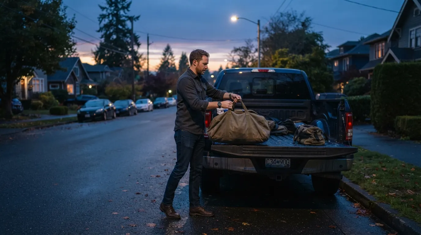 Man in his 30s in civilian clothes loading a bag into his truck at dawn.
