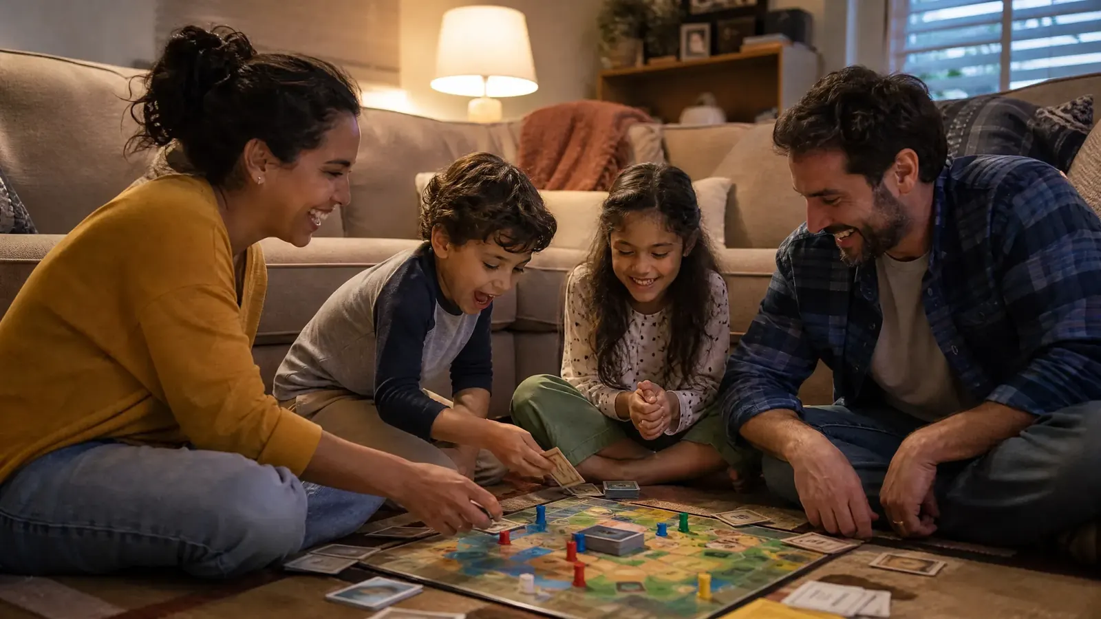 Veteran family playing board game together, illustrating family life insurance needs.
