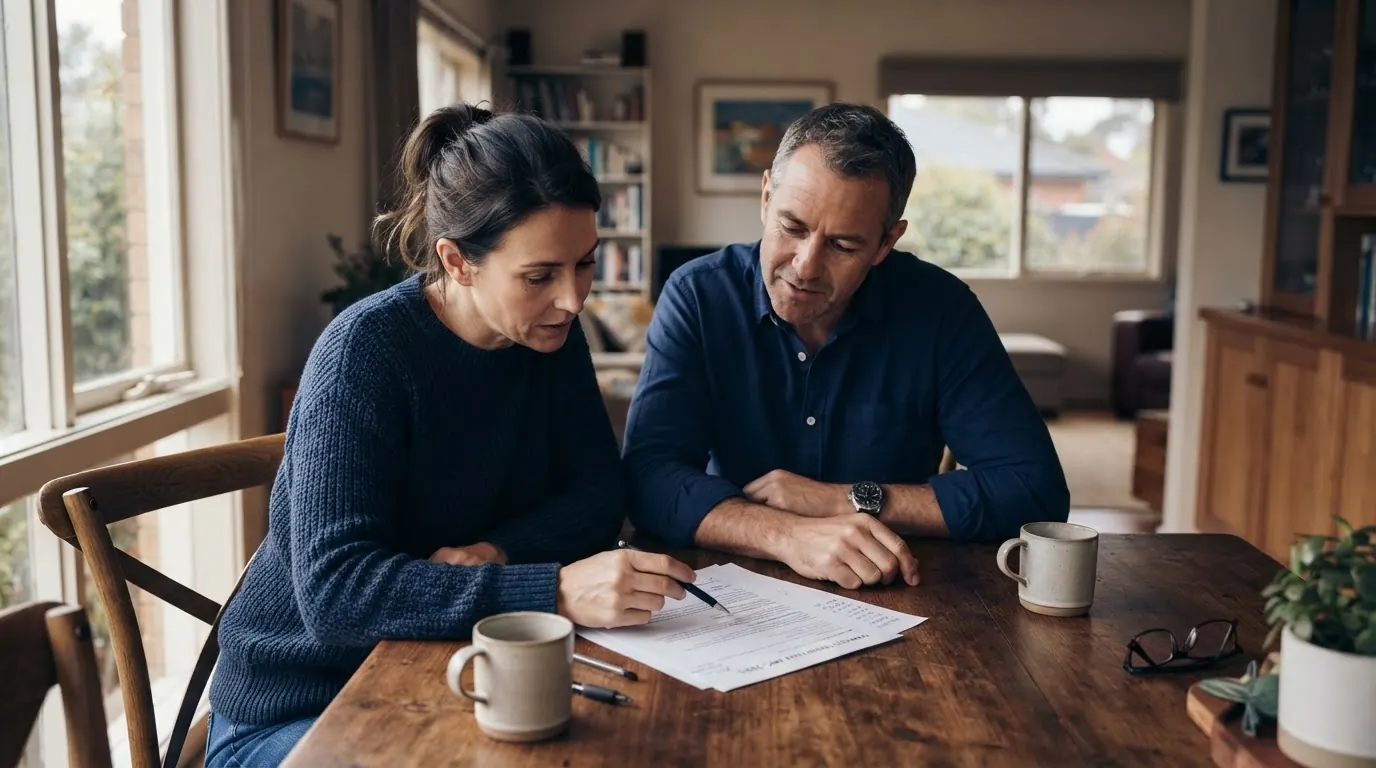 Couple in their 40s at a dining table reviewing a document together.