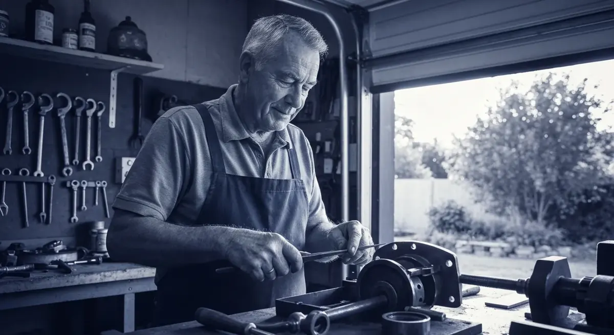 Veteran in workshop demonstrating physically demanding second career and accidental death benefit rider consideration.